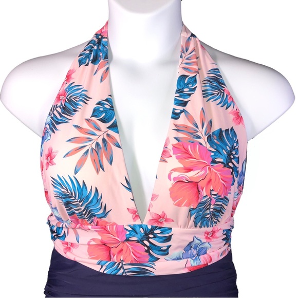 Pink Tropical Floral Deep V-Neck One Piece Swimsuit Retro Vintage PLUS SIZE XXL - Picture 4 of 5